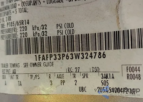 2003 Ford Focus Lx from USA, damaged, VIN 1FAFP33P63W324786